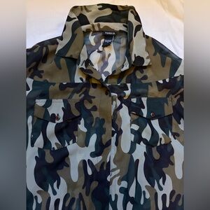 torrid Camouflage Button-Up Blouse in Olive, Black and Tan